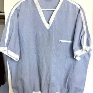 Vintage Men's Bowling Sailing V-neck Pinstripe Blue White Pullover Summer‎ Shirt